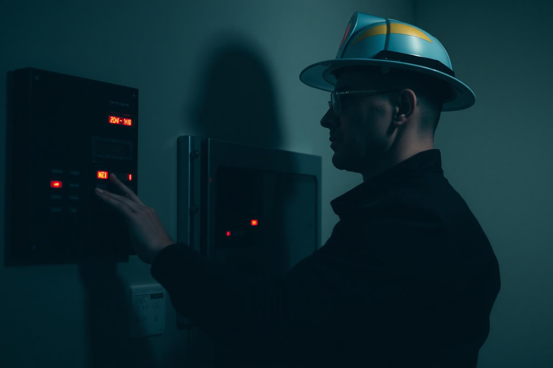 Fire safety engineer inspecting a commercial fire alarm control panel
